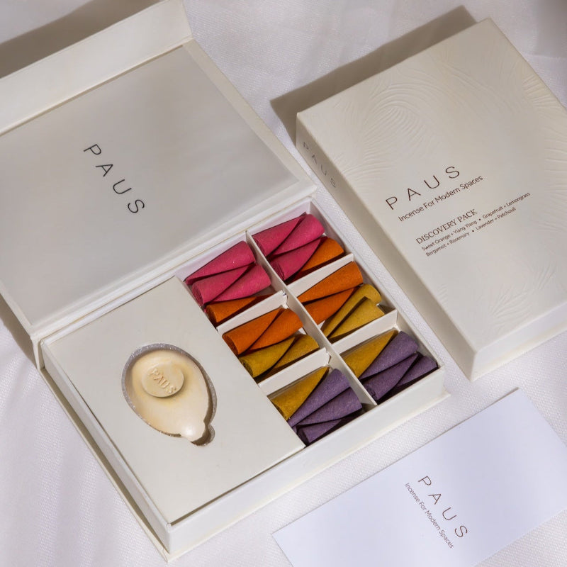 PAUS mood-enhancing incense set with colorful packaging on a white background